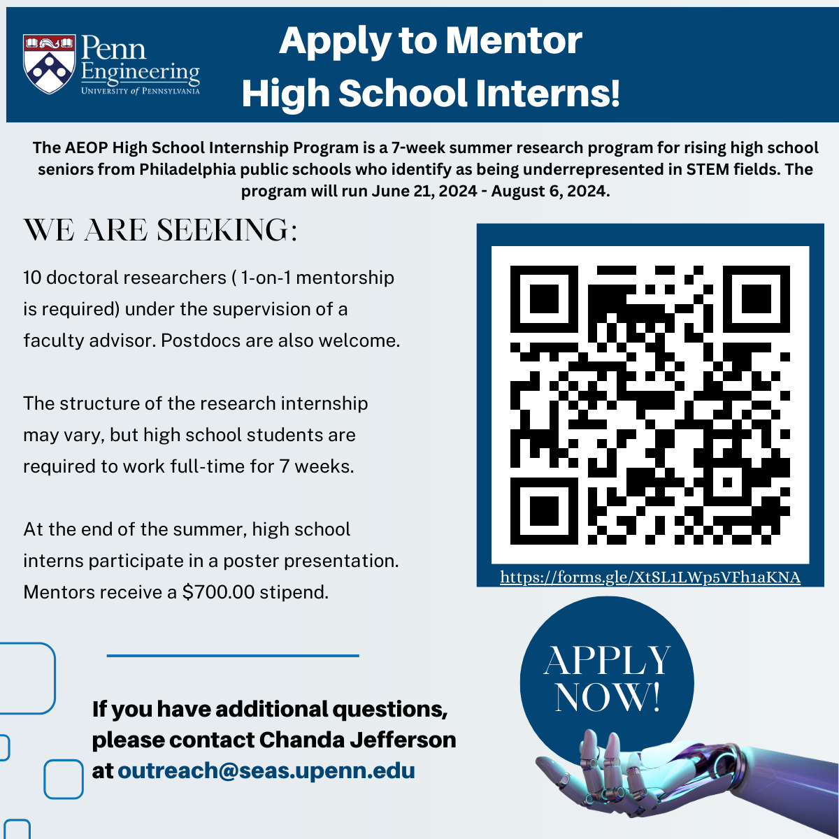 Flyer, Call for Applications for Penn Engineering Army Educational Outreach Program High School Internship. Apply to Mentor High School Interns!